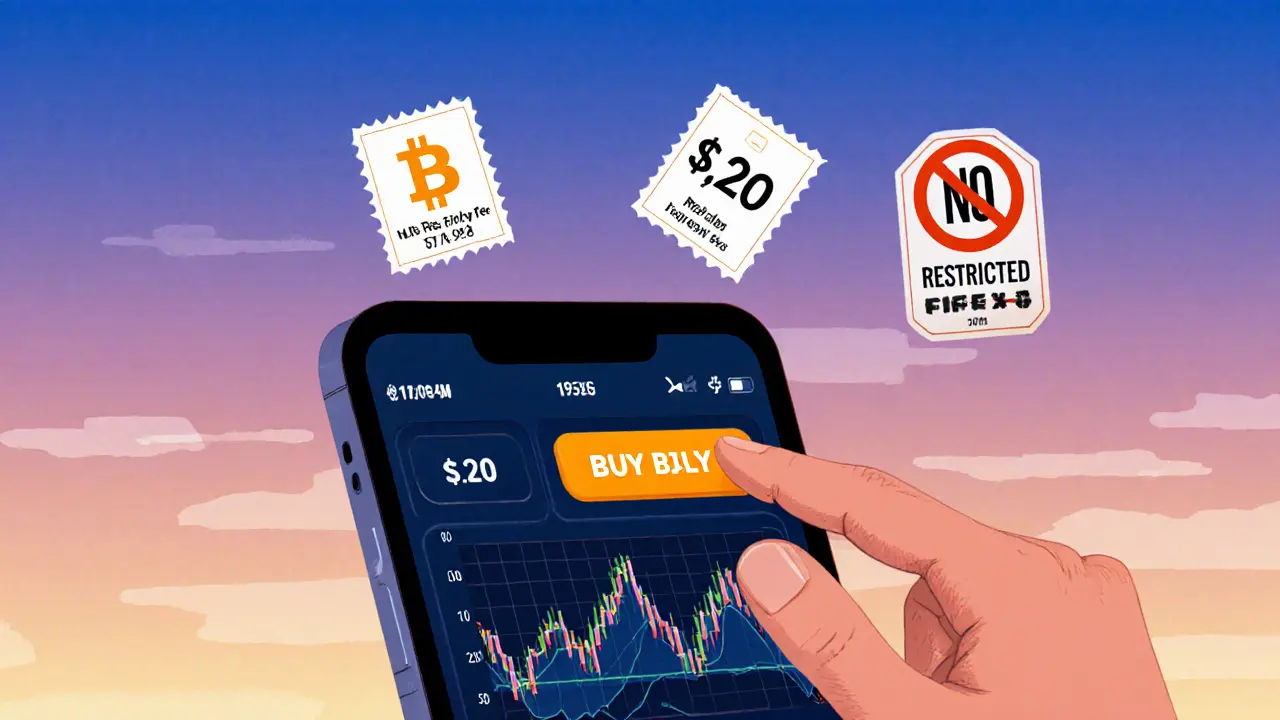 User buying Bitcoin on mobile app with fee tags and price charts, U.S. restriction crossed out softly.