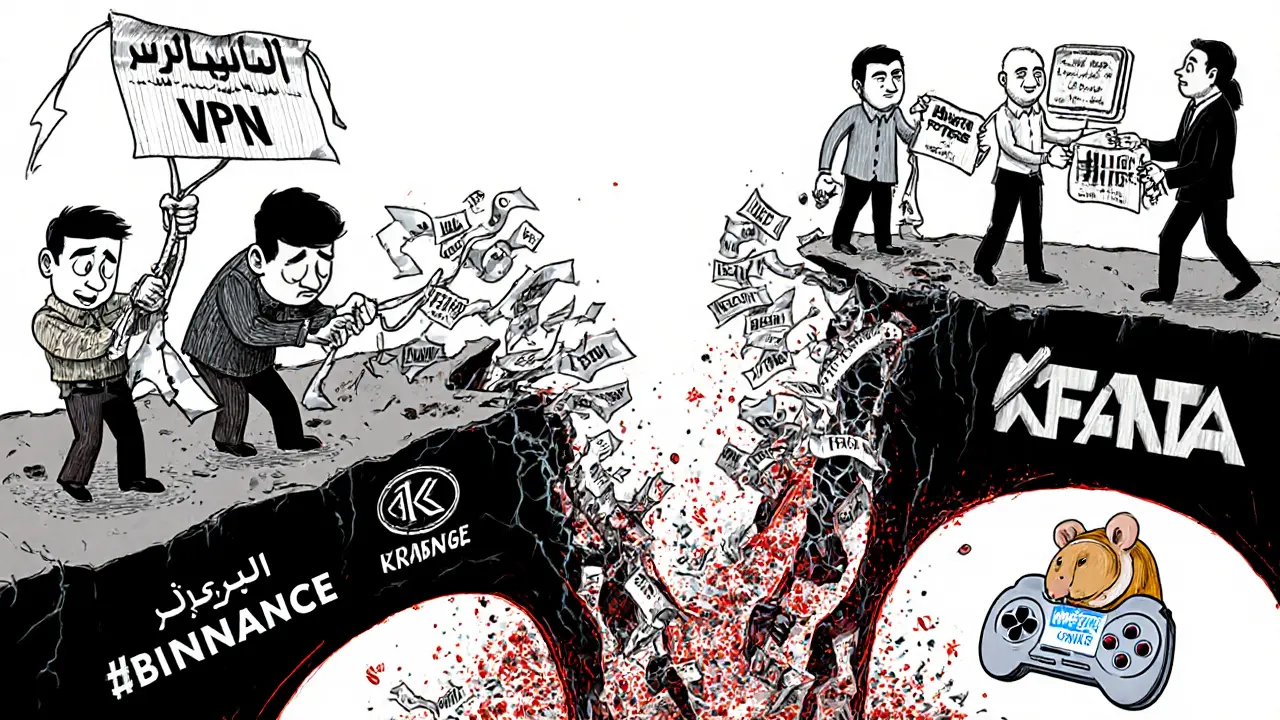 A collapsing VPN bridge with traders losing crypto to banks and government, while a hamster game offers safety.