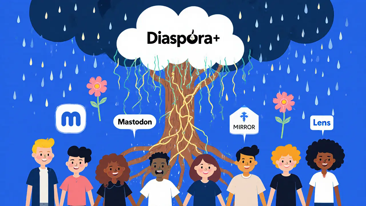 A diverse group connects through a blockchain tree rooted in decentralized platforms, as corporate ads dissolve into flowers.