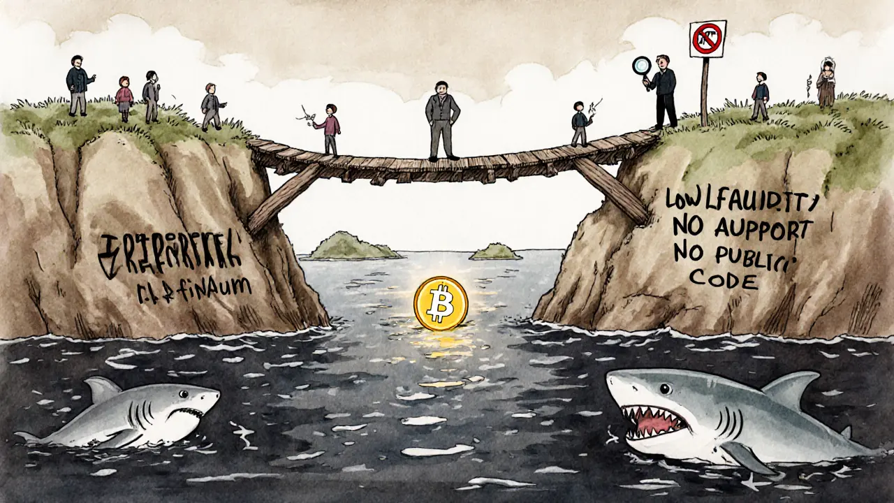 A fragile wooden bridge connects two blockchain islands, with sharks below labeled &#039;Low Liquidity&#039; and &#039;No Audit&#039;.