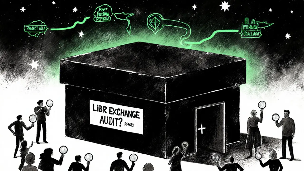 A giant black box labeled &#039;LIBRE EXCHANGE&#039; with curious traders trying to see inside, roadmaps glowing faintly above.