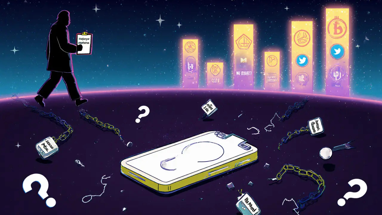 A lonely NFT surrounded by question marks and broken chains, symbolizing an unverified HappyFans airdrop.