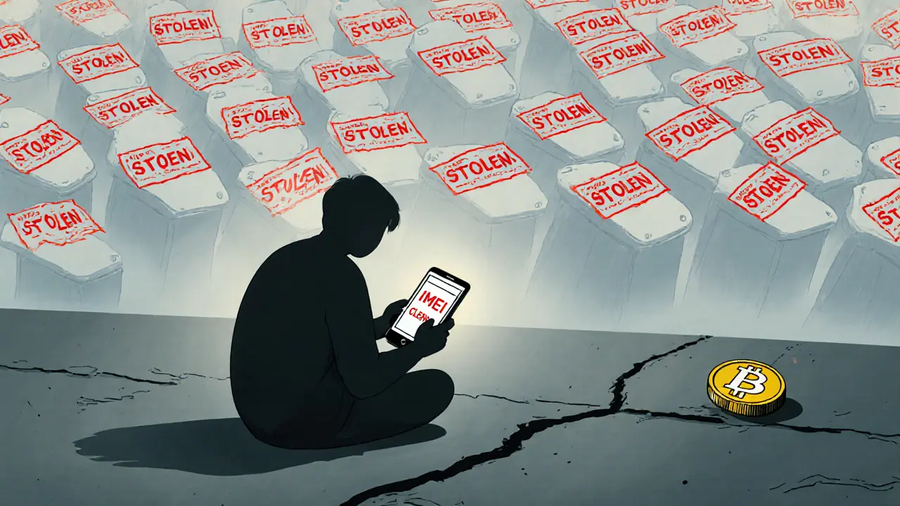 A person checking a used phone&#039;s status while a marketplace of stolen phones looms behind, a tiny LOX coin rolling away.