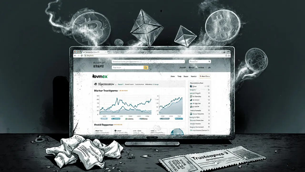 A static Bvnex website on a desk with dissolving crypto tokens above it, surrounded by abandoned customer complaints and a cracked verification stamp.