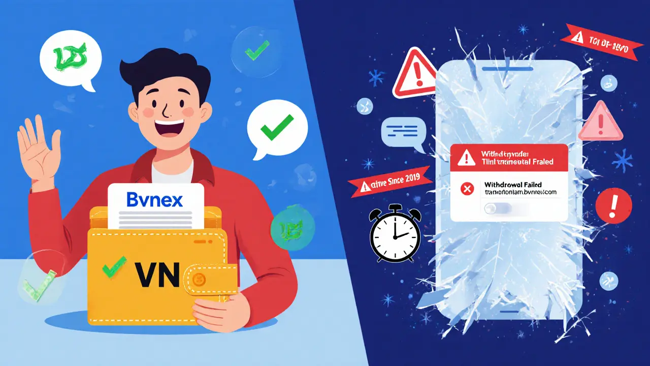 A trader happily depositing VND on one side, and the same trader facing a frozen withdrawal screen on the other, surrounded by warnings.