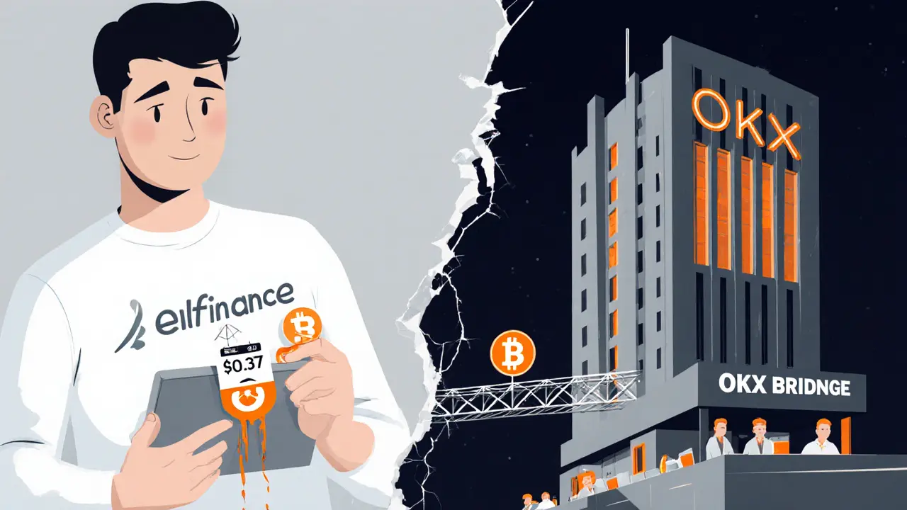 A user interacts with Elk Finance while a large OKX Exchange building looms, with a cracked bridge connecting them.