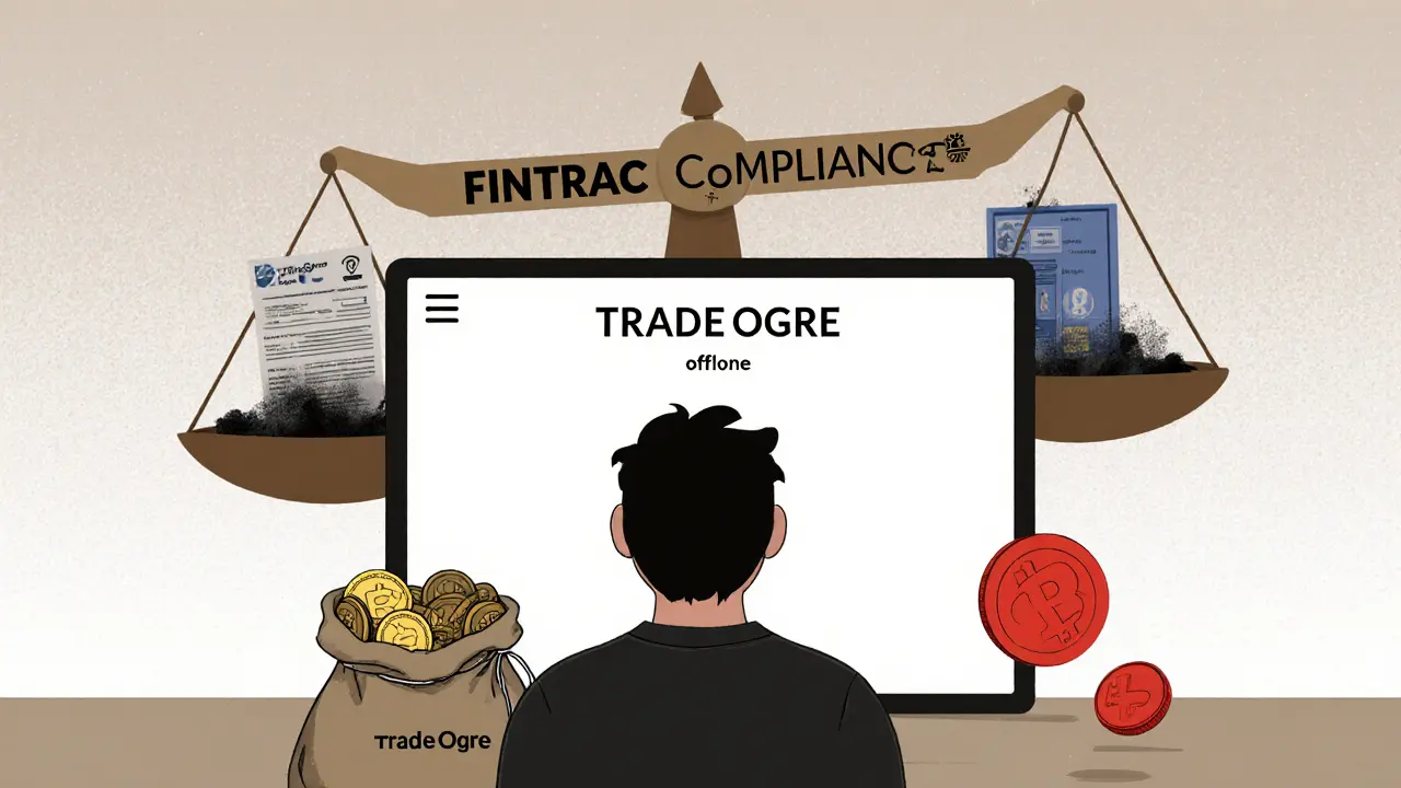 A user watches TradeOgre go offline as their crypto turns to ash beside compliant exchanges.