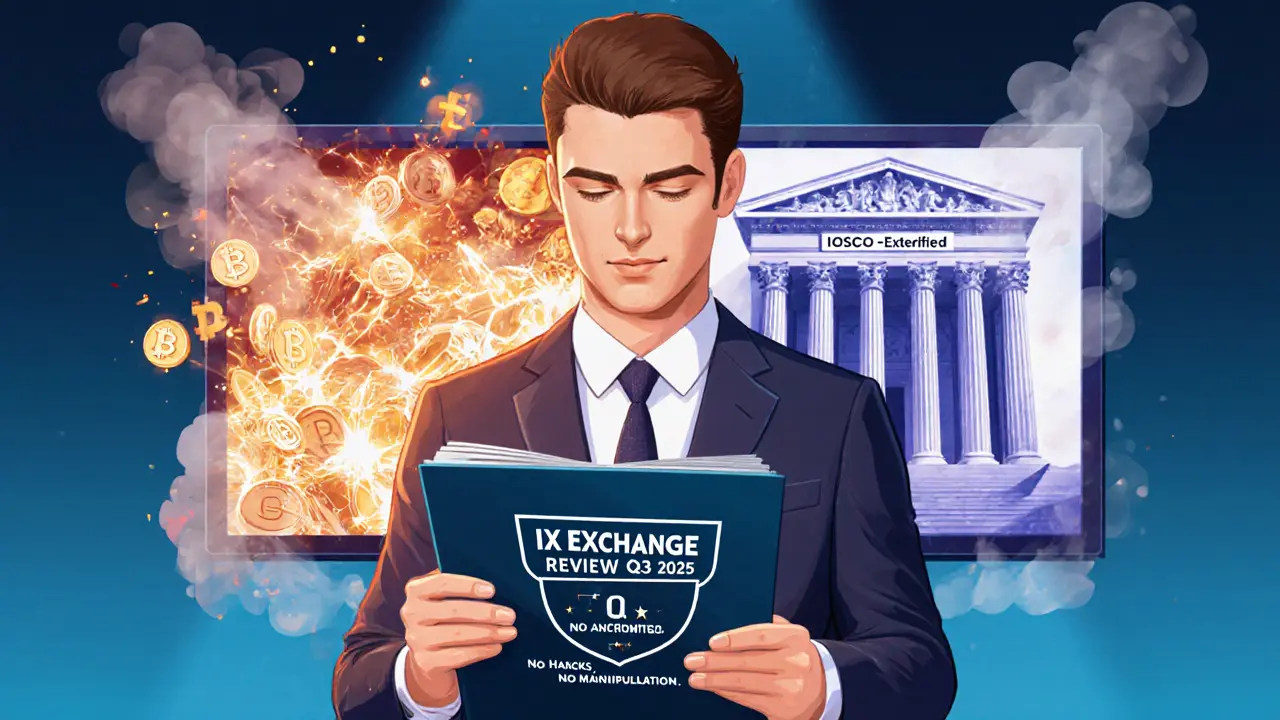 An analyst reviews a quarterly report as chaotic exchanges collapse behind them, trusted ones stand firm.