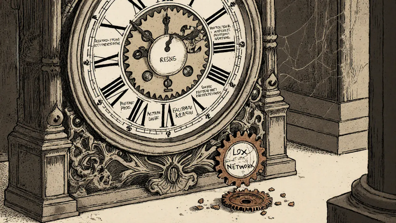 An ornate clock of mobile security evolution with one broken, dusty gear labeled &#039;Lox Network&#039; on the floor.