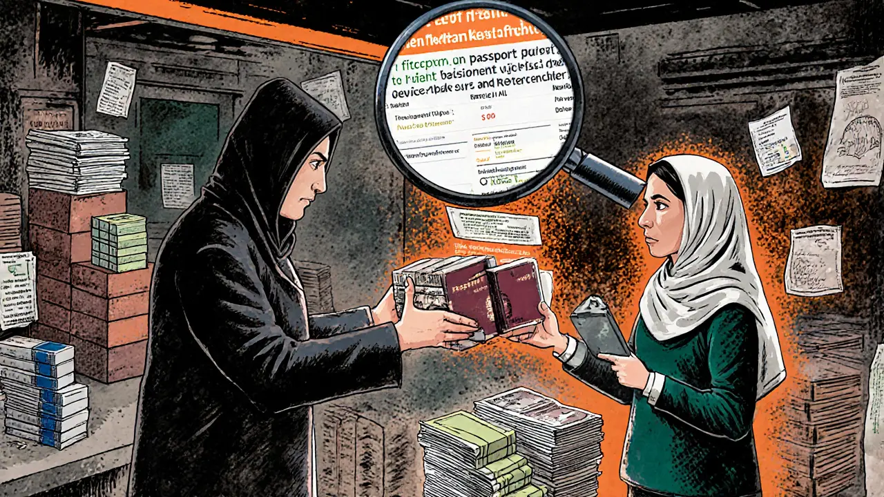 An underground market in Tehran where digital identities are traded for cash amid surveillance magnifiers.
