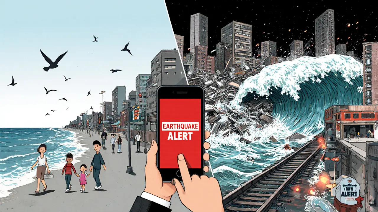 Before-and-after scene of a coastal town hit by earthquake and tsunami, with an emergency alert on a smartphone.