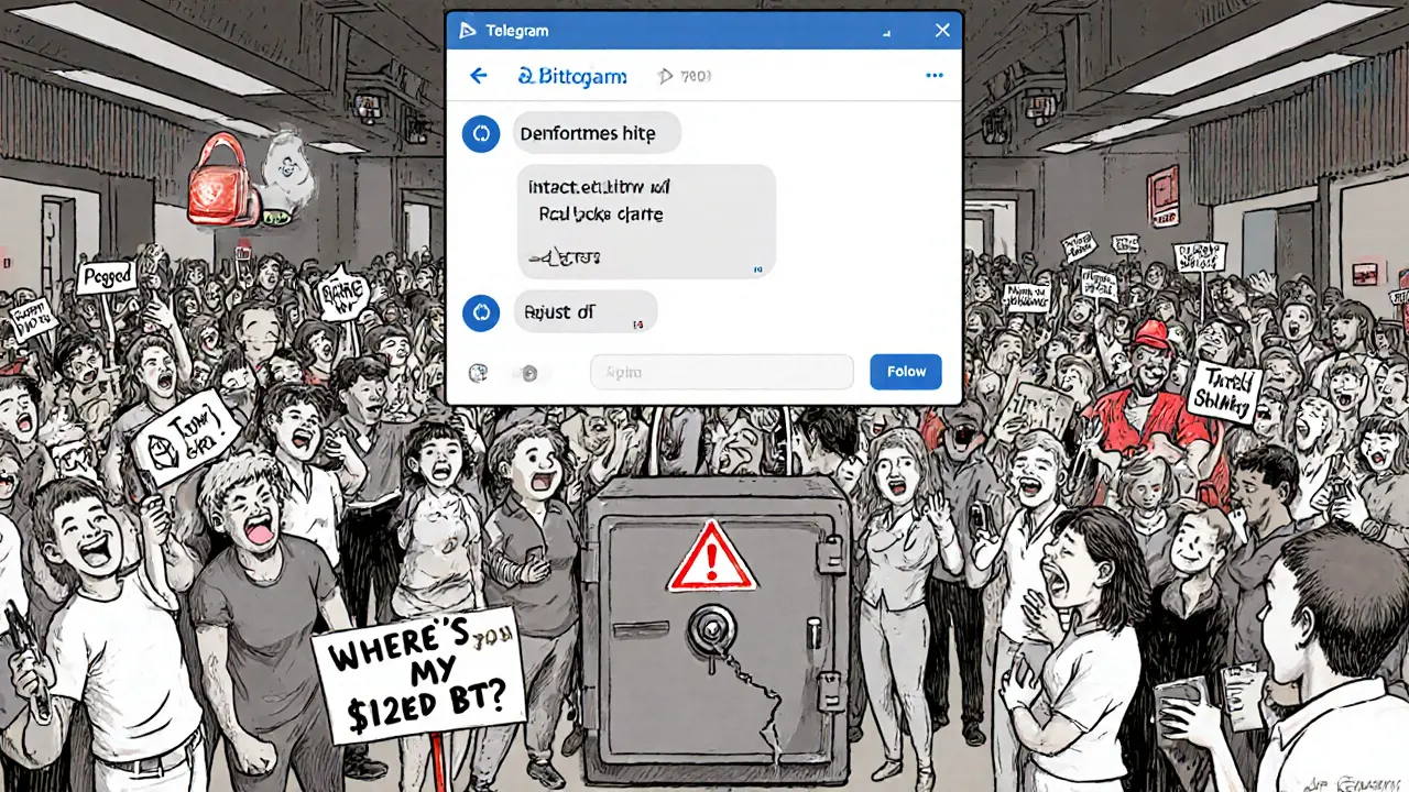 Chaotic trading floor with frustrated users and a hidden, sealed Bitcoin vault labeled &#039;Pegged BTC&#039;.