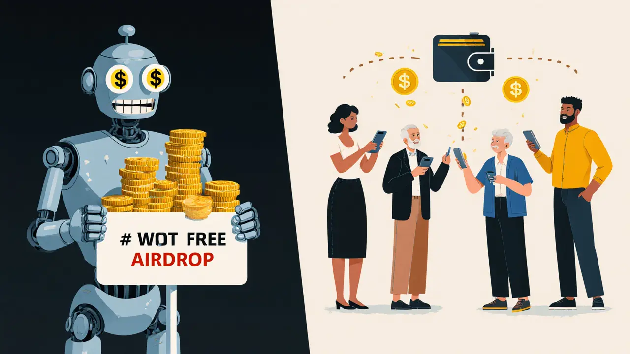 Contrast between bot farming fake airdrops and real users earning WNT by sharing WiFi.
