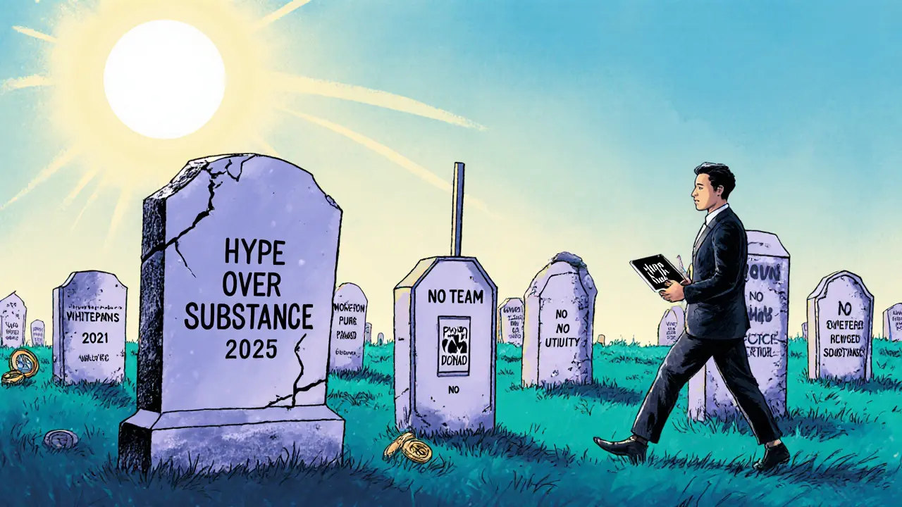 Crypto project graveyard with HappyFans tombstone, contrasted with thriving 2025 projects in the distance.