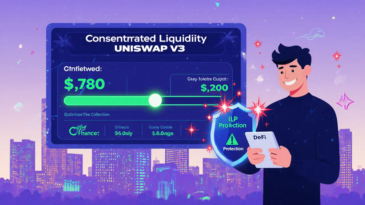 Dashboard showing concentrated liquidity range with protection shield and DeFi protocols in background