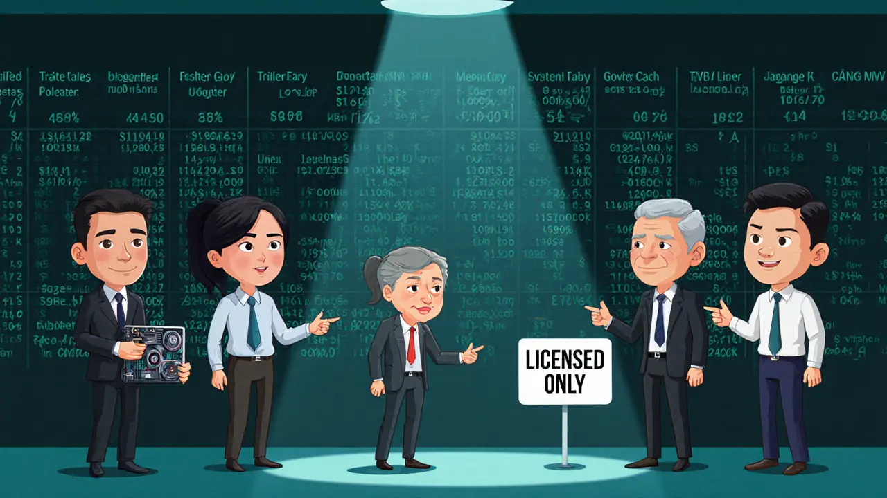 Diverse traders in front of a digital ledger with license badges, one holding a mining rig, government sign visible.