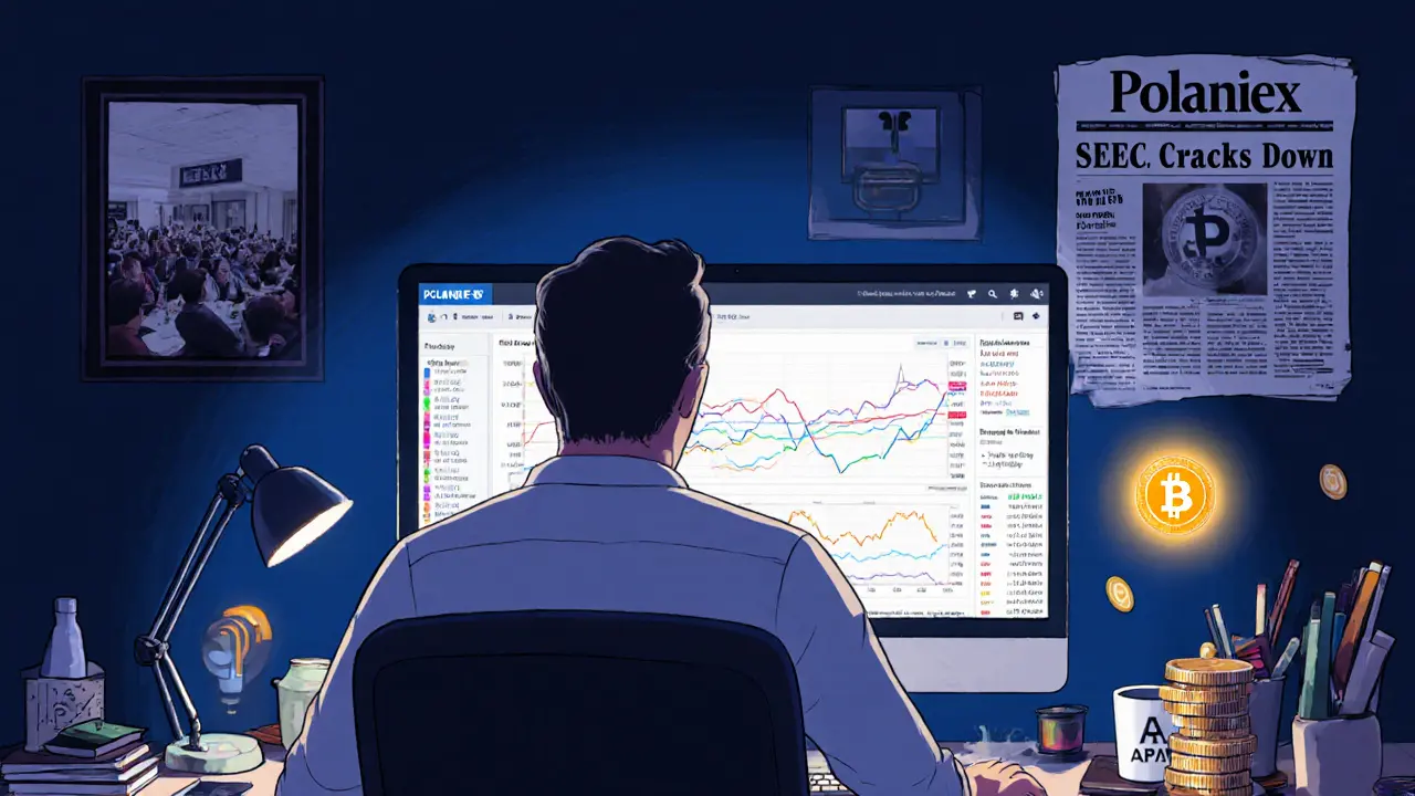 Experienced trader working with Poloniex&#039;s clean interface, surrounded by crypto coins and a 6% APY savings icon, with a 2014 crypto photo on the wall.