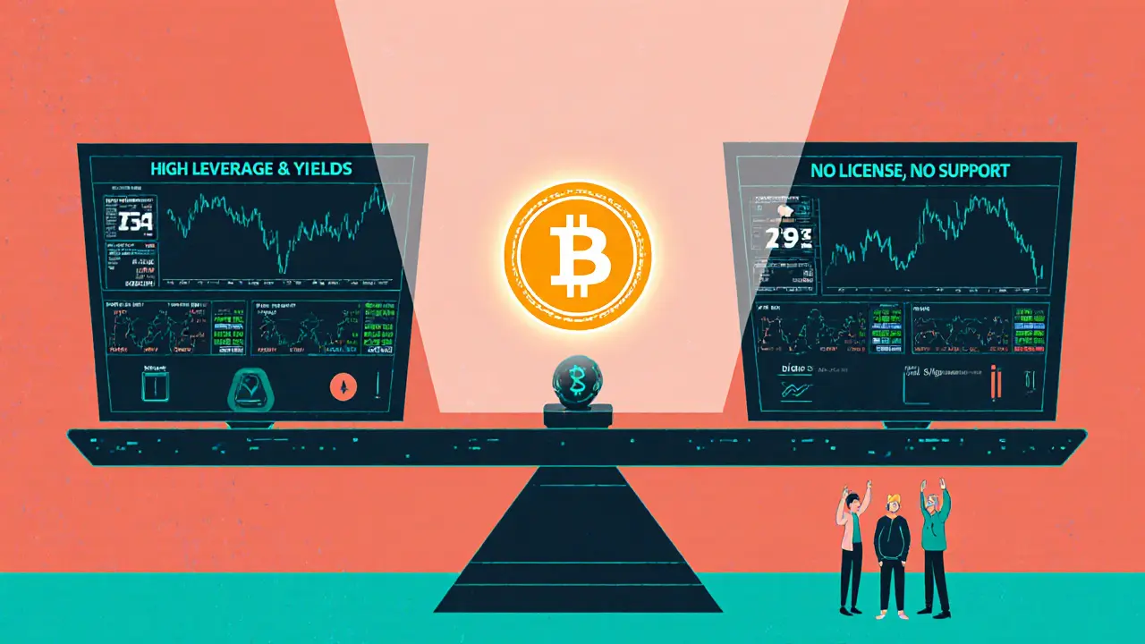 Futuristic trading floor with scale balancing high leverage and yields against lack of regulation and support.