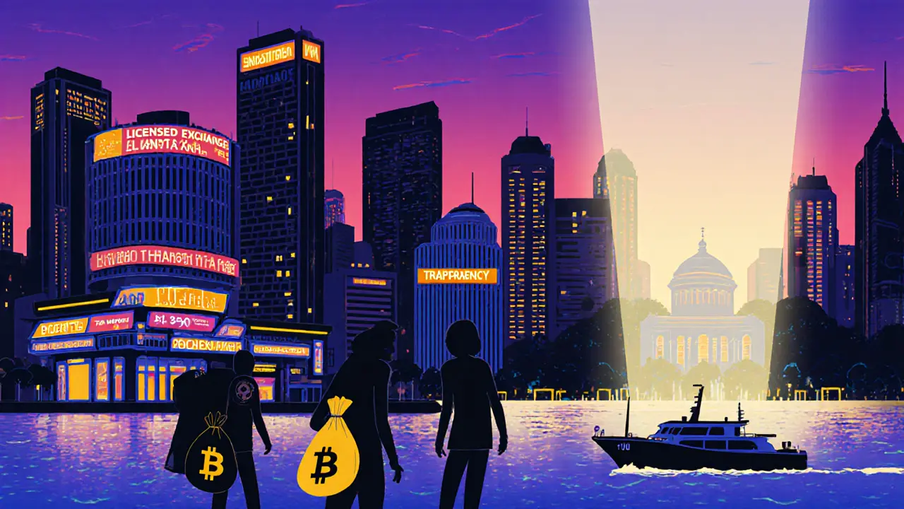 Futuristic Vietnamese city with licensed crypto buildings glowing, shadowy figures escaping with crypto bags.