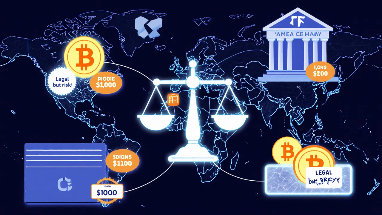Global crypto network with FATF travel rules connecting countries, unhosted wallets in shadow, CBDC vs Bitcoin on a scale.