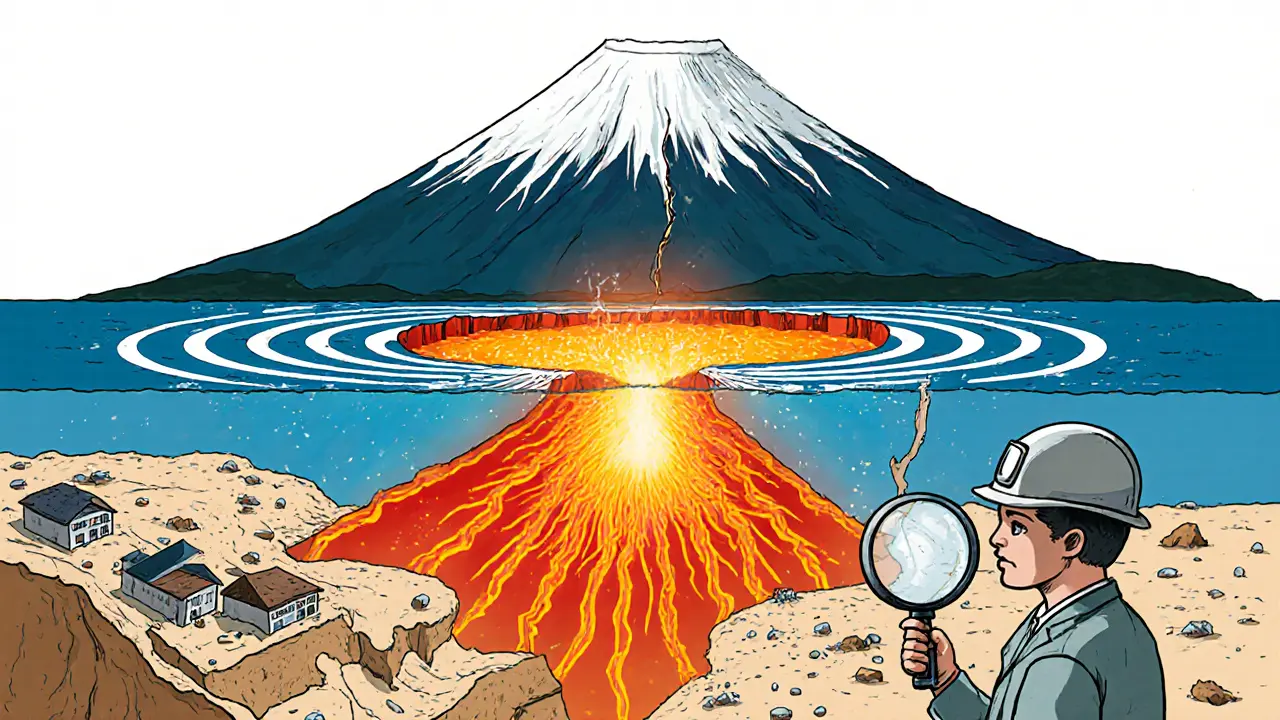 Mount Fuji erupts as seismic stress cracks its magma chamber, with landslide debris and scientists studying sediment layers below.
