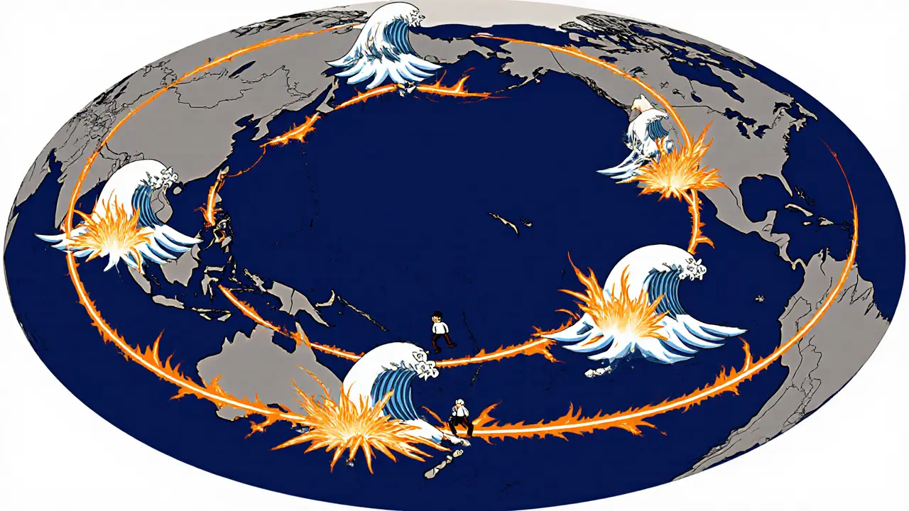 Ring of Fire encircling the Pacific with explosive fault lines and tsunamis at key earthquake zones like Japan and Chile.