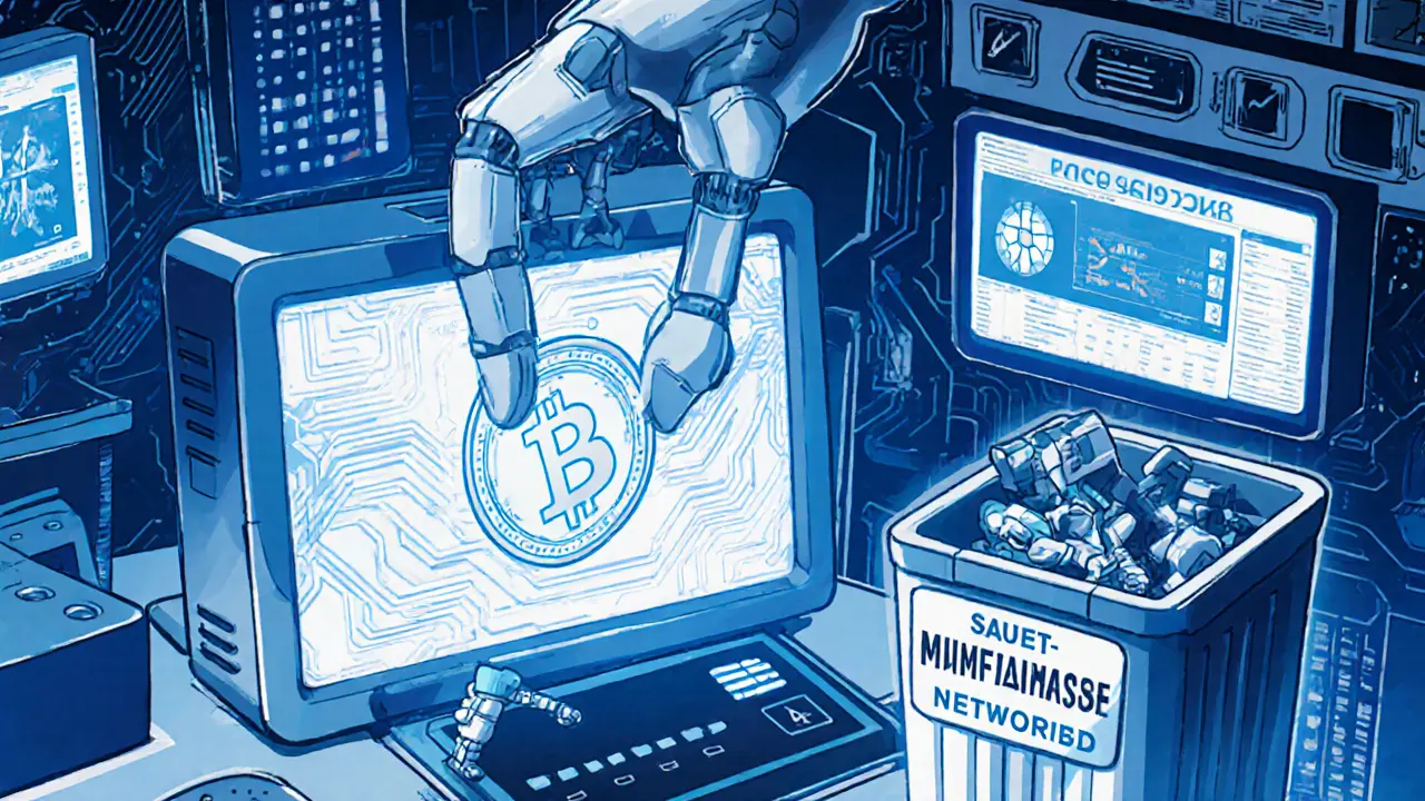 Russia&#039;s state-controlled crypto network replaces foreign exchanges in a futuristic control room.