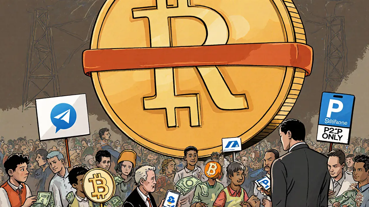 Russians trade crypto via cash and Telegram while global exchanges are blocked by a ruble coin.