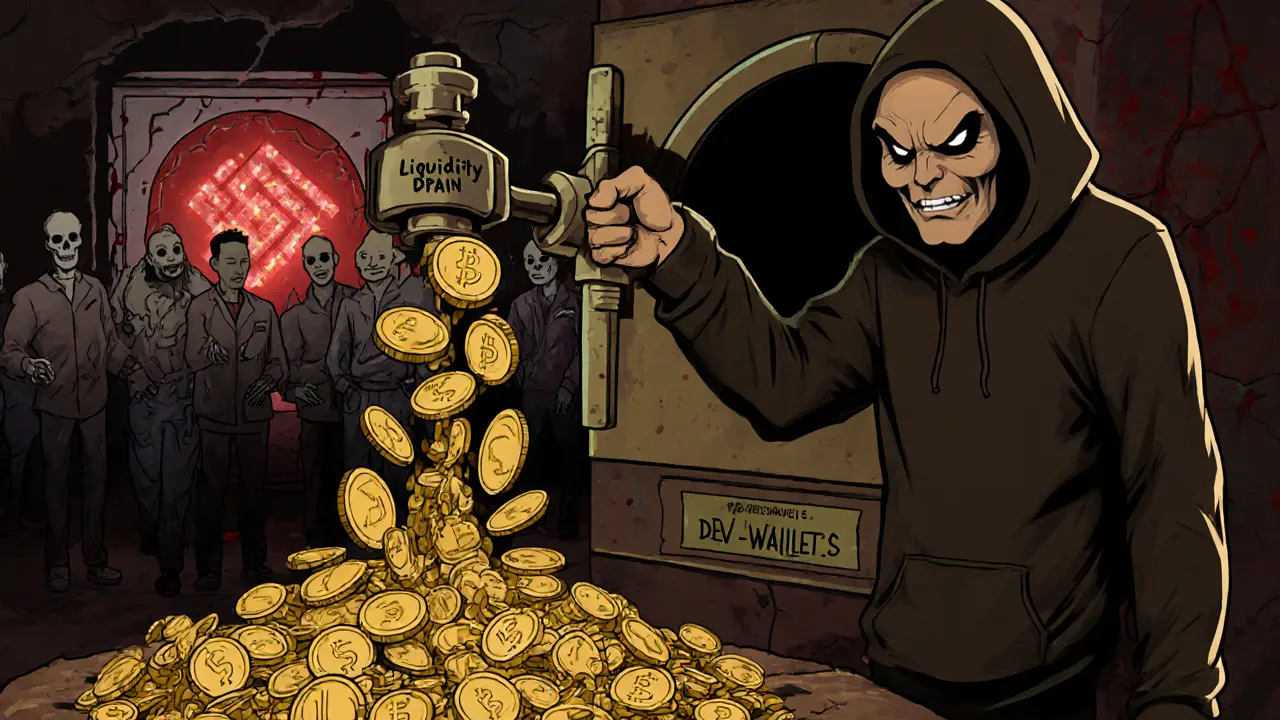 Shadowy figure draining liquidity from YodeSwap into a hidden vault while users turn to skeletons.
