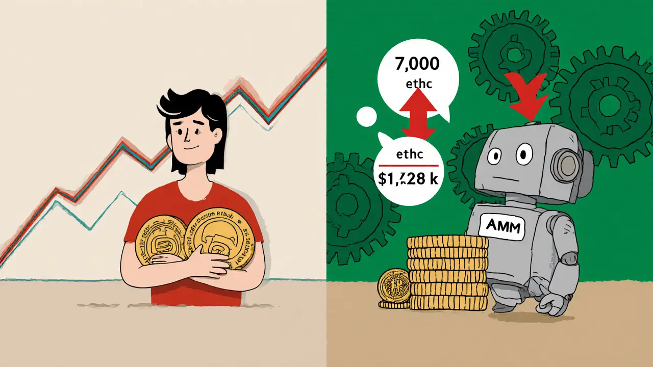 Side-by-side: holding crypto vs. liquidity pool, showing ,758 loss due to price change