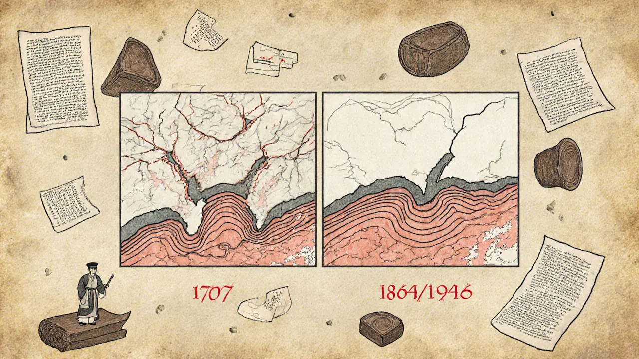 Side-by-side illustration comparing a full-margin earthquake rupture to segmented quakes, with historical records floating around.