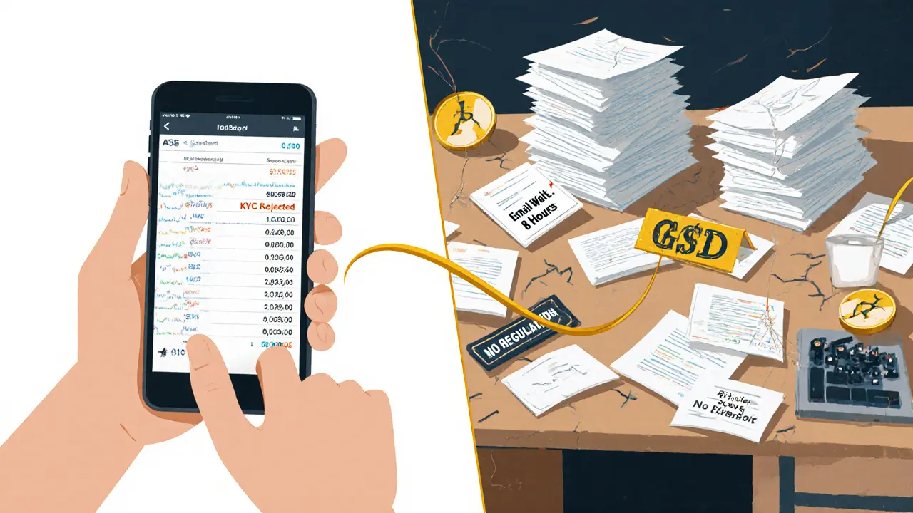Split scene: calm trader using app with yield notifications vs. chaotic KYC rejection and slow support signs.