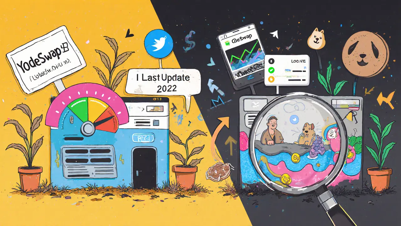 Split scene: dead YodeSwap vs. thriving DogeSwap and WoofSwap on Dogechain.