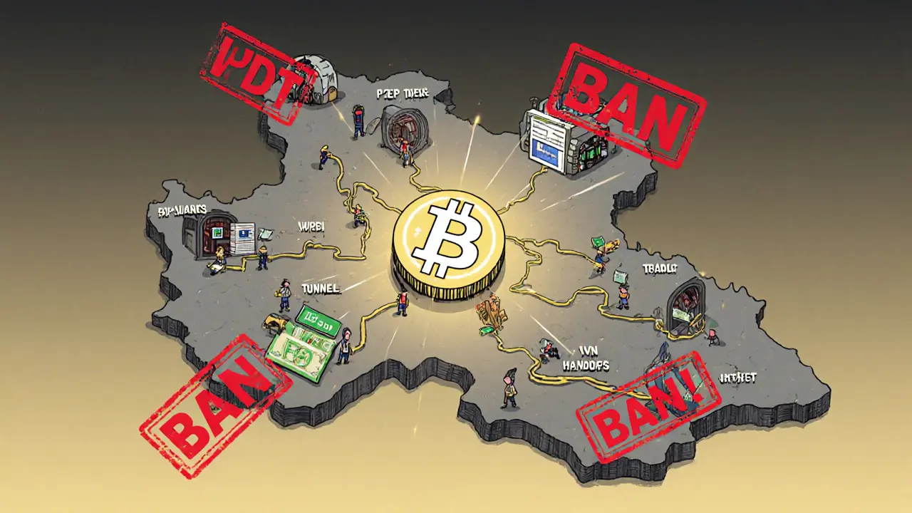Symbolic map of Algeria’s underground crypto network with hidden trade routes and banned stamps.