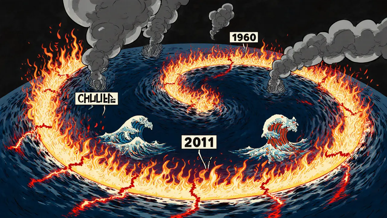 The Ring of Fire encircling the Pacific with glowing earthquake zones and towering tsunamis erupting along the coast.