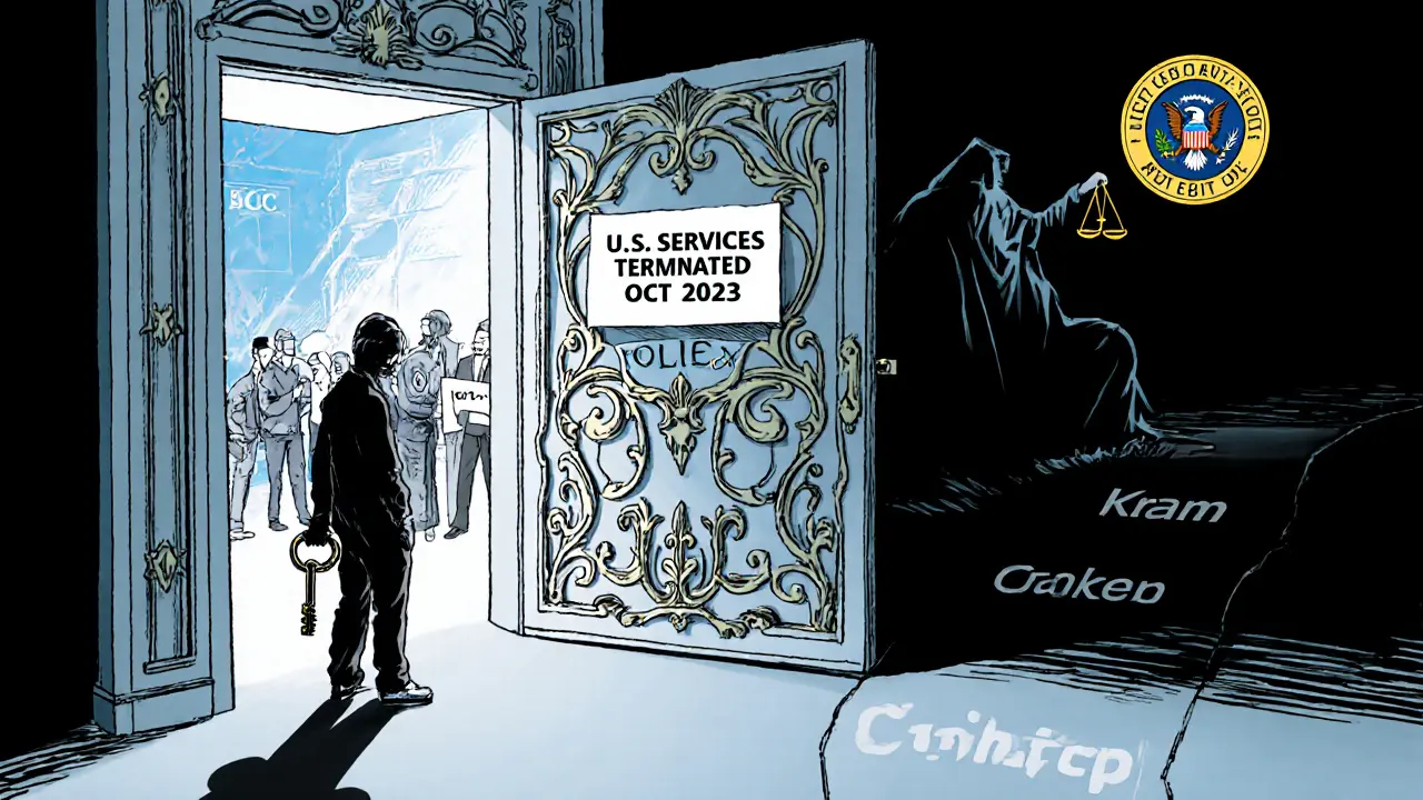 U.S. user locked out of Poloniex, holding Bitcoin, while traders operate inside and a SEC emblem looms behind a closed door.