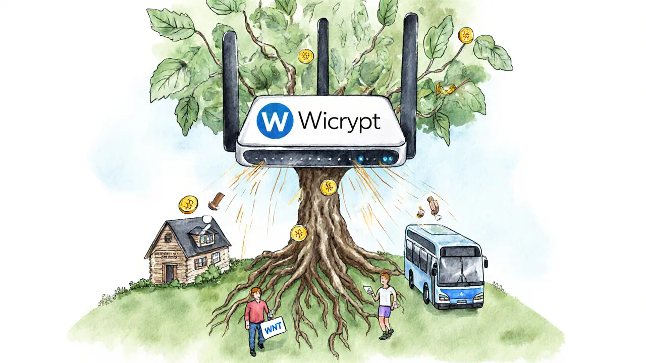 Wicrypt hotspot router growing like a tree, with WNT tokens as leaves feeding real users.