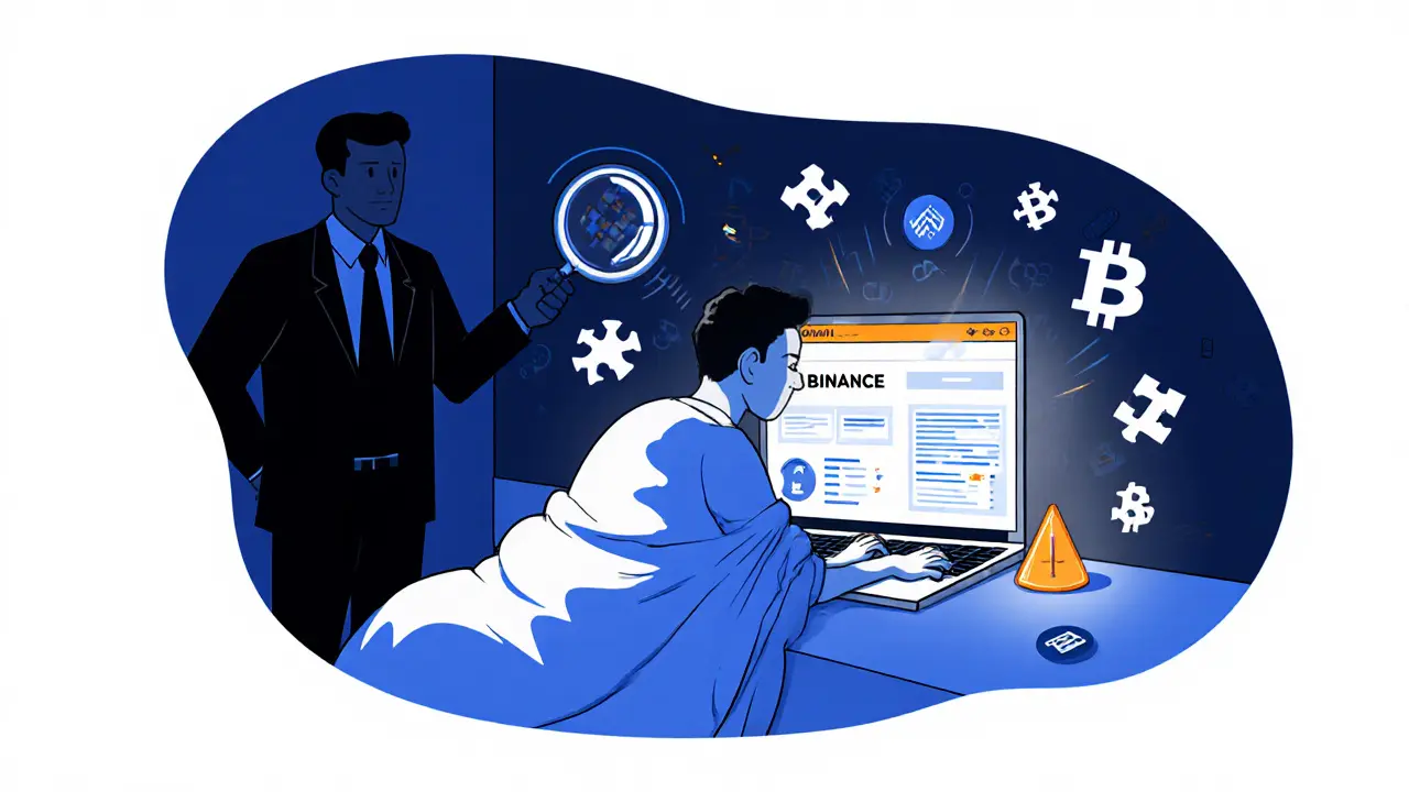 Young person using a VPN to access crypto exchange at night, shadow of authority looming nearby.