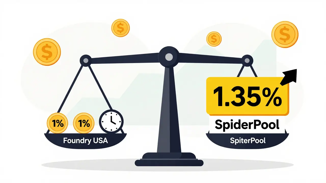 A balance scale comparing mining pool fees, with low-fee pools on one side and high-fee pools on the other, surrounded by financial icons.