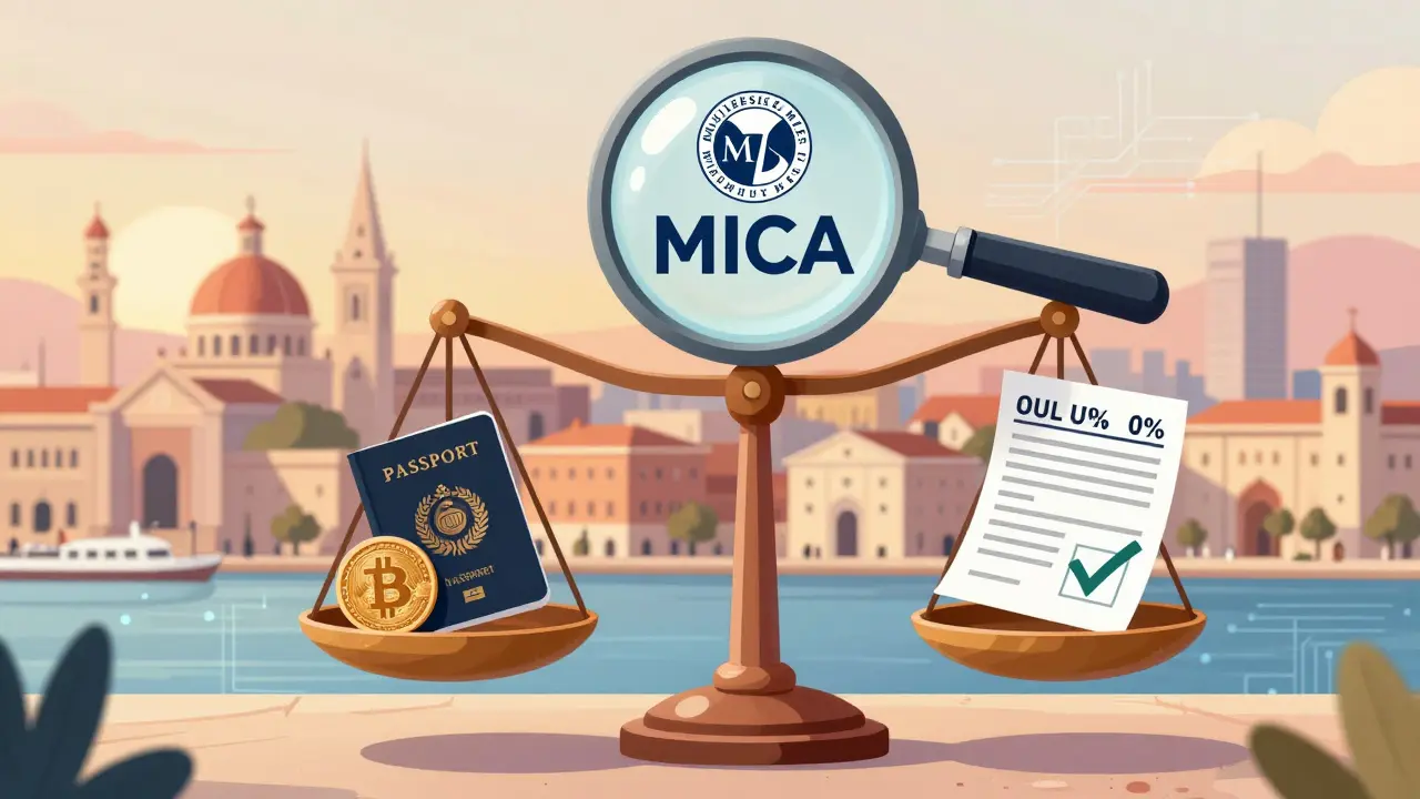A balanced scale with crypto and a passport on one side, tax freedom on the other, under the Maltese MFSA and MiCA logos, in a harbor setting.