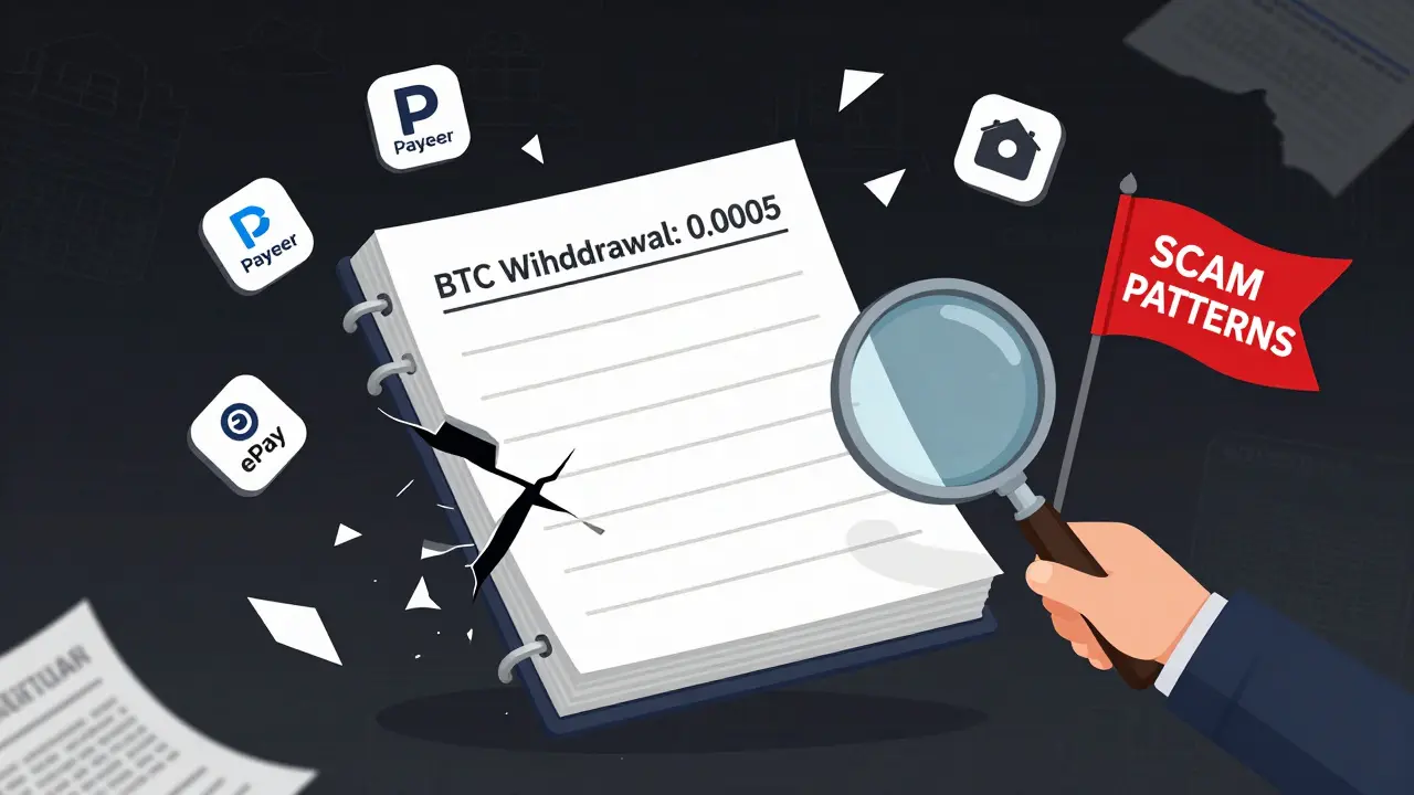 A broken digital ledger with faded fees, surrounded by shattered payment icons and a detective uncovering a red flag.