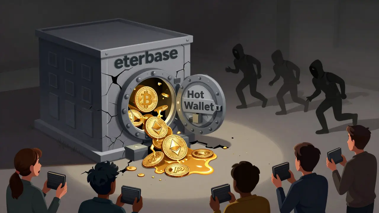 A broken exchange building leaking crypto coins as hackers flee, showing the security breach aftermath.