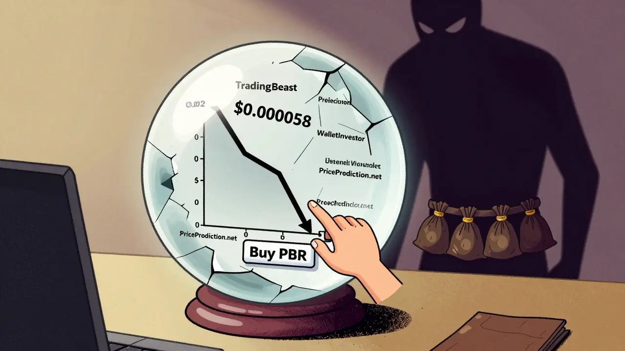 A cracked crystal ball showing a crashing PBR price graph, with prediction labels and a shadowy large holder watching.