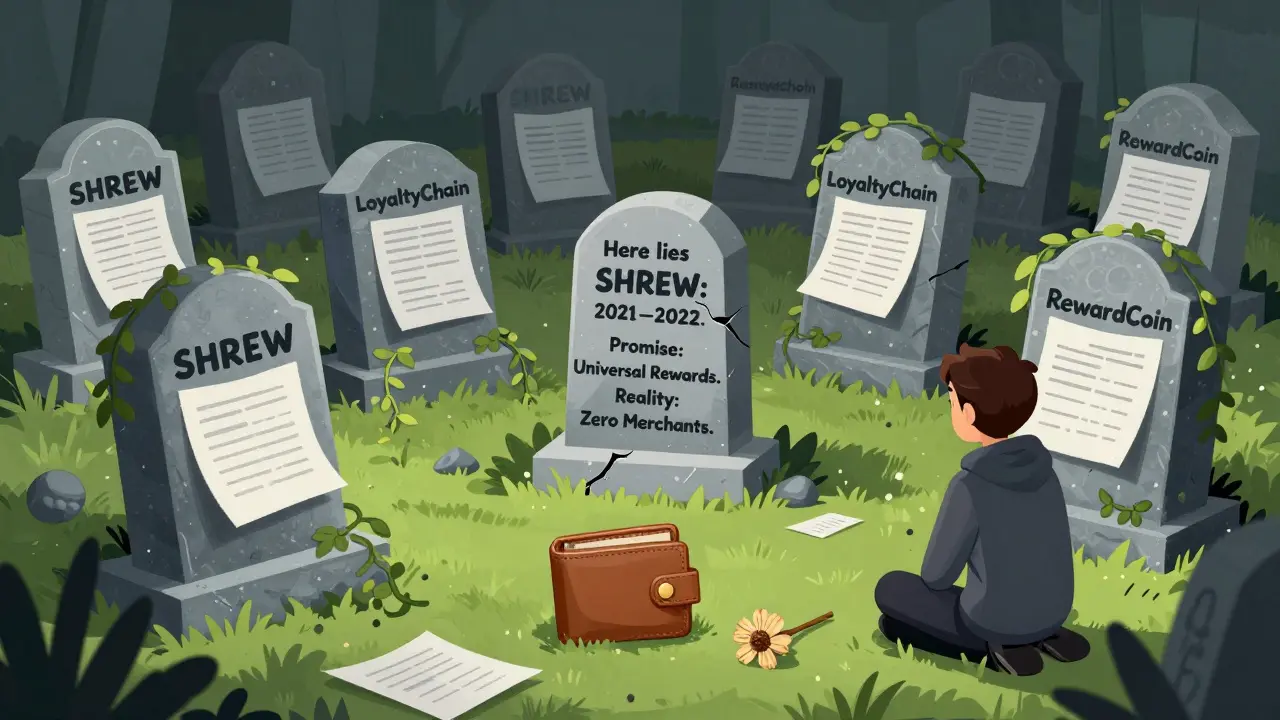 A crypto graveyard with SHREW's tombstone among other failed loyalty tokens, an empty wallet at its base.