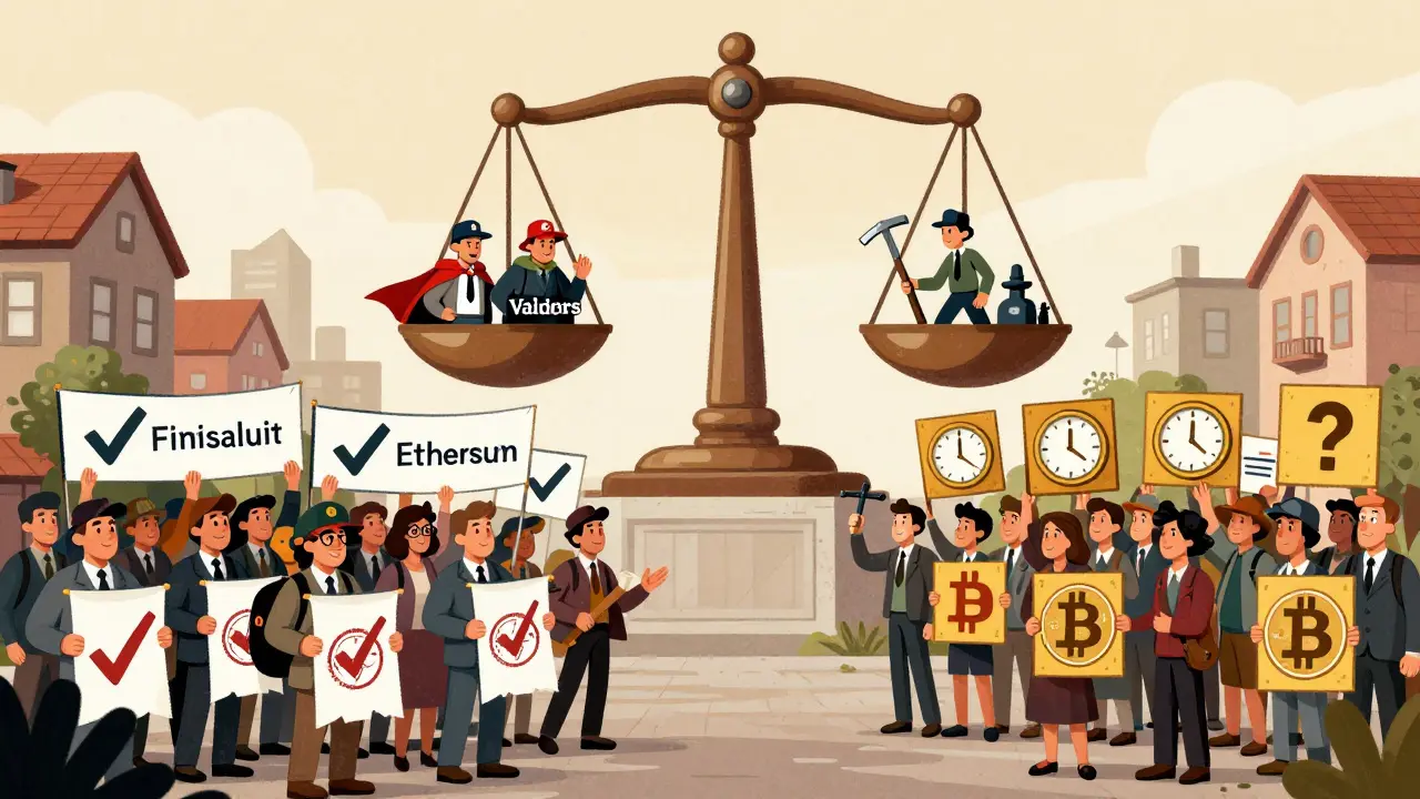 A divided community debating Ethereum&#039;s finality versus Bitcoin&#039;s probabilistic security.