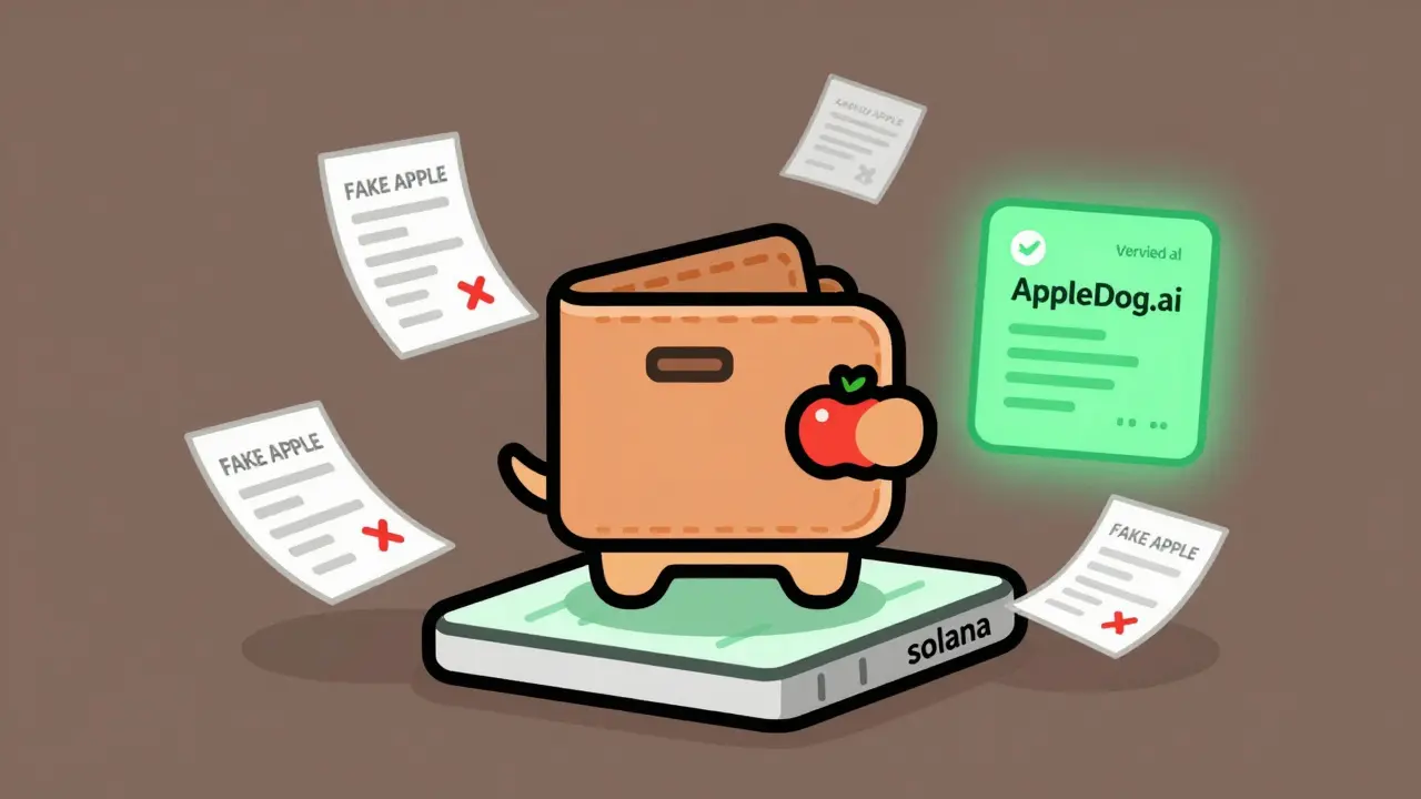 A dog-shaped wallet on a blockchain ledger, surrounded by fake crypto tokens and one verified contract.