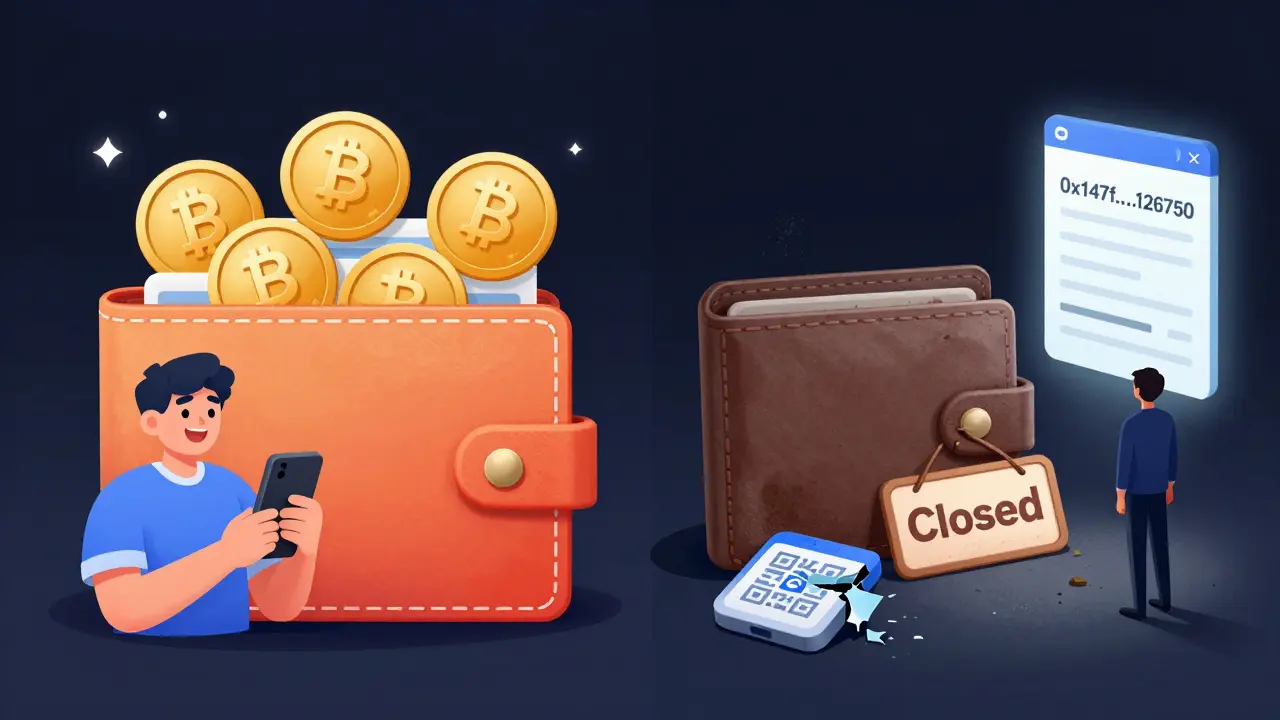 A full wallet of GEO tokens on one side, an empty wallet with a broken app on the other, symbolizing loss.