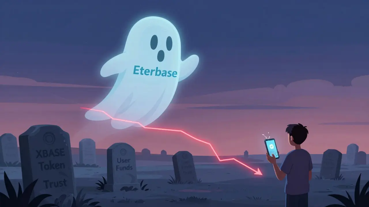 A ghostly Eterbase logo above a digital graveyard of lost funds and a fading price chart.