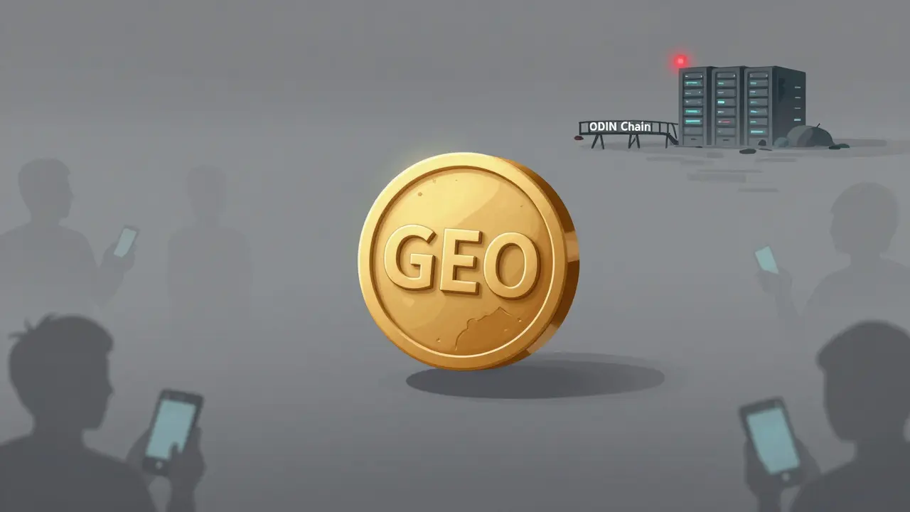 A lone GEO token floating in a digital void, with fading users and a distant broken bridge to ODIN Chain.