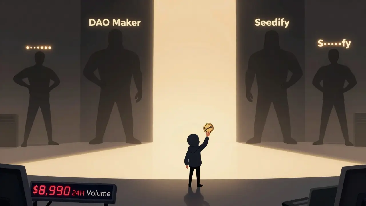 A lone investor stands beside an empty trading floor while bigger crypto projects shine in the background.